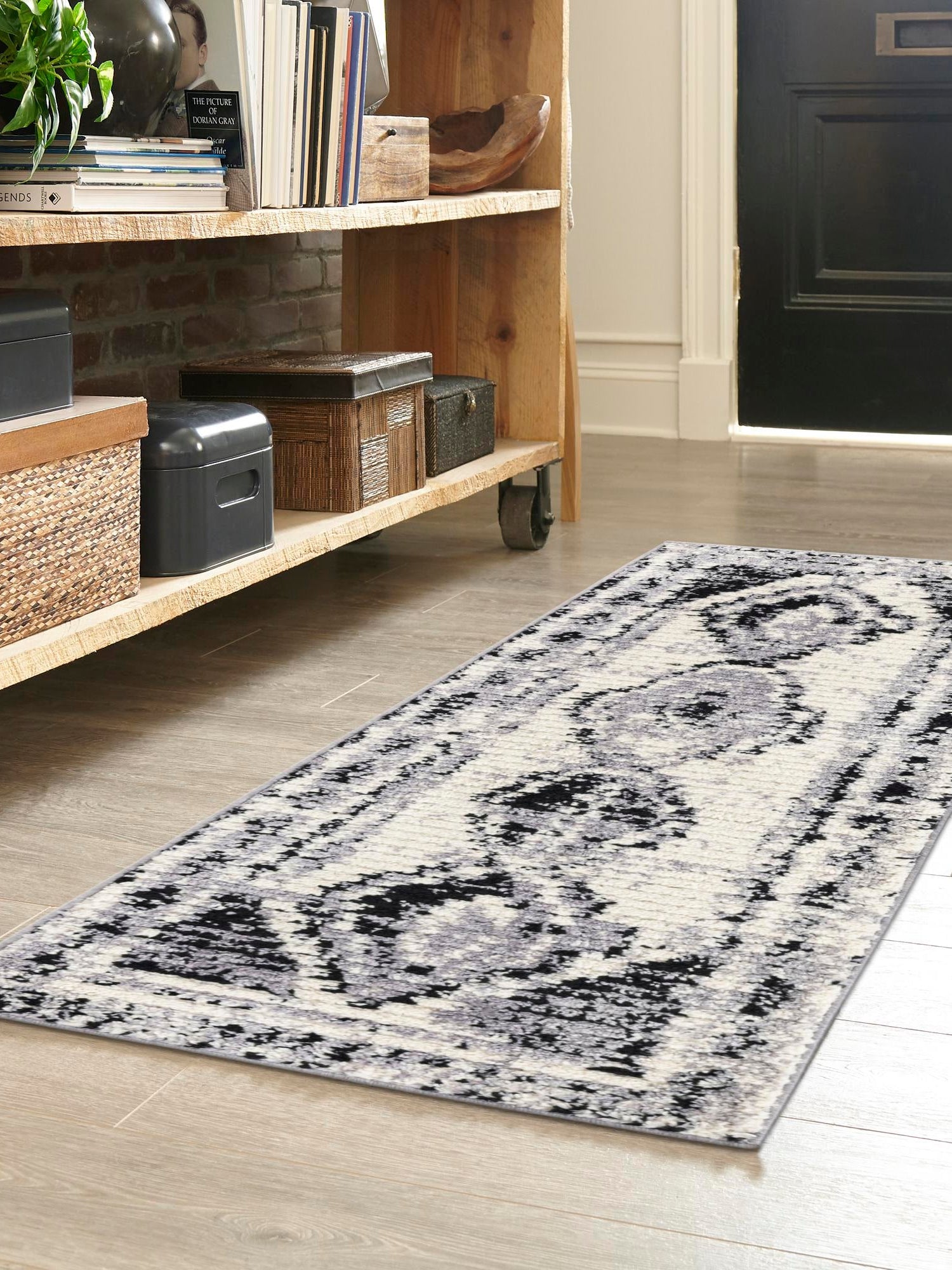 Black and White 2' x 6' Tagine Runner Area Rug Durable 100% Polyester Modern Unique Easy Clean Carpet for Indoor Home Decor for Sale at Rug Engine