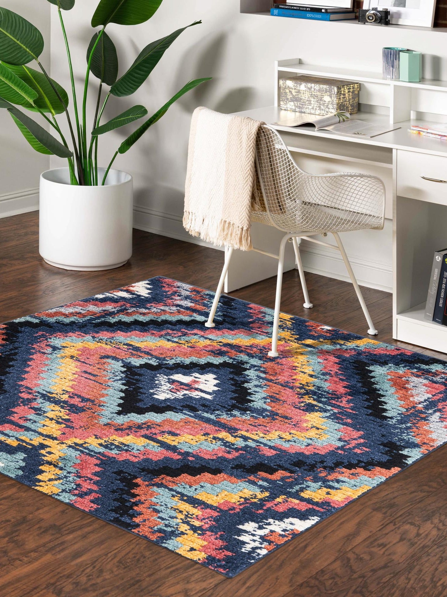Blue 7' 10 x 7' 10 Tagine Square Area Rug Durable 100% Polyester Modern Unique Easy Clean Carpet for Indoor Home Decor for Sale at Rug Engine