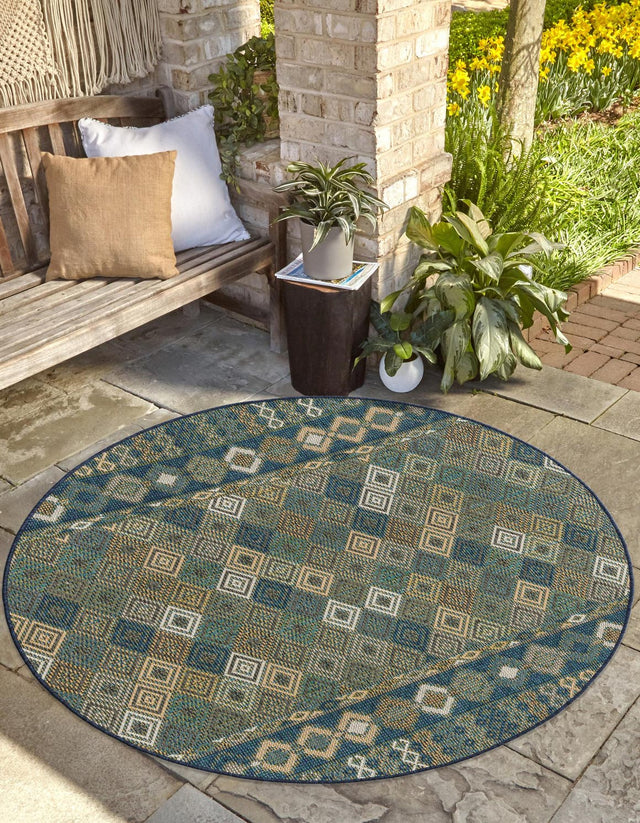 Navy Blue 7' 10 x 7' 10 Baja Outdoor Round Area Rug Weather Resistant for Patio, Deck, Terrace, Balcony, Porch 100% Polypropylene Modern Outside Decor for Sale at Rug Engine