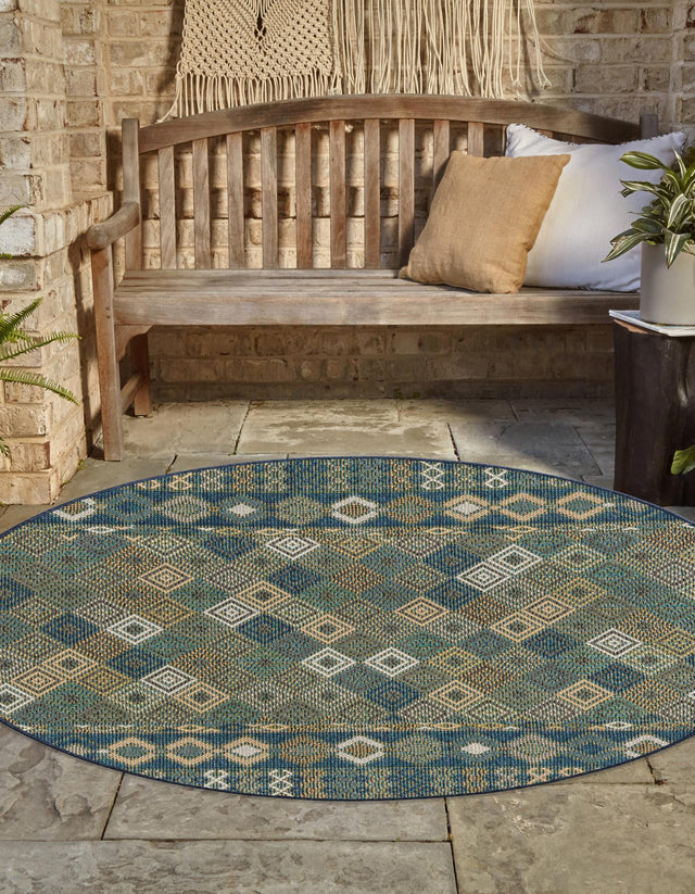Navy Blue 3' 3 x 3' 3 Baja Outdoor Round Area Rug Weather Resistant for Patio, Deck, Terrace, Balcony, Porch 100% Polypropylene Modern Outside Decor for Sale at Rug Engine