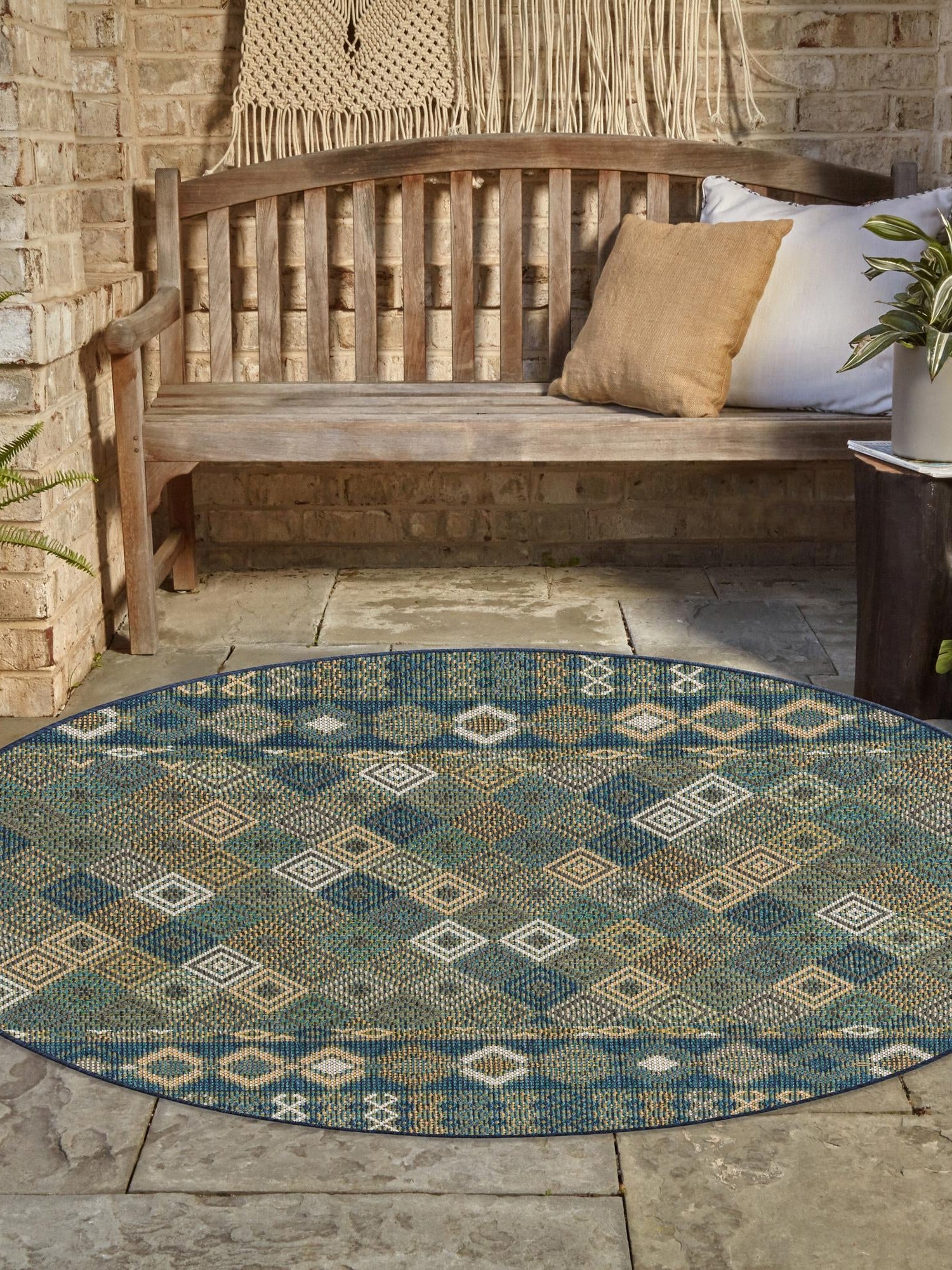 Navy Blue 7' 10 x 7' 10 Baja Outdoor Round Area Rug Weather Resistant for Patio, Deck, Terrace, Balcony, Porch 100% Polypropylene Modern Outside Decor for Sale at Rug Engine