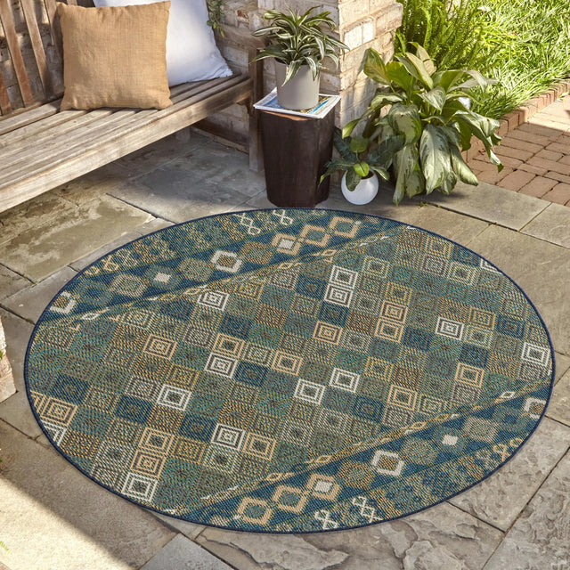 Navy Blue 3' 3 x 3' 3 Baja Outdoor Round Area Rug Weather Resistant for Patio, Deck, Terrace, Balcony, Porch 100% Polypropylene Modern Outside Decor for Sale at Rug Engine