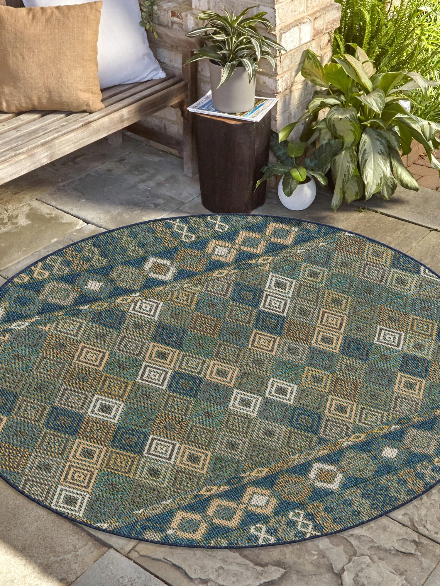 Navy Blue 5' 3 x 5' 3 Baja Outdoor Round Area Rug Weather Resistant for Patio, Deck, Terrace, Balcony, Porch 100% Polypropylene Modern Outside Decor for Sale at Rug Engine