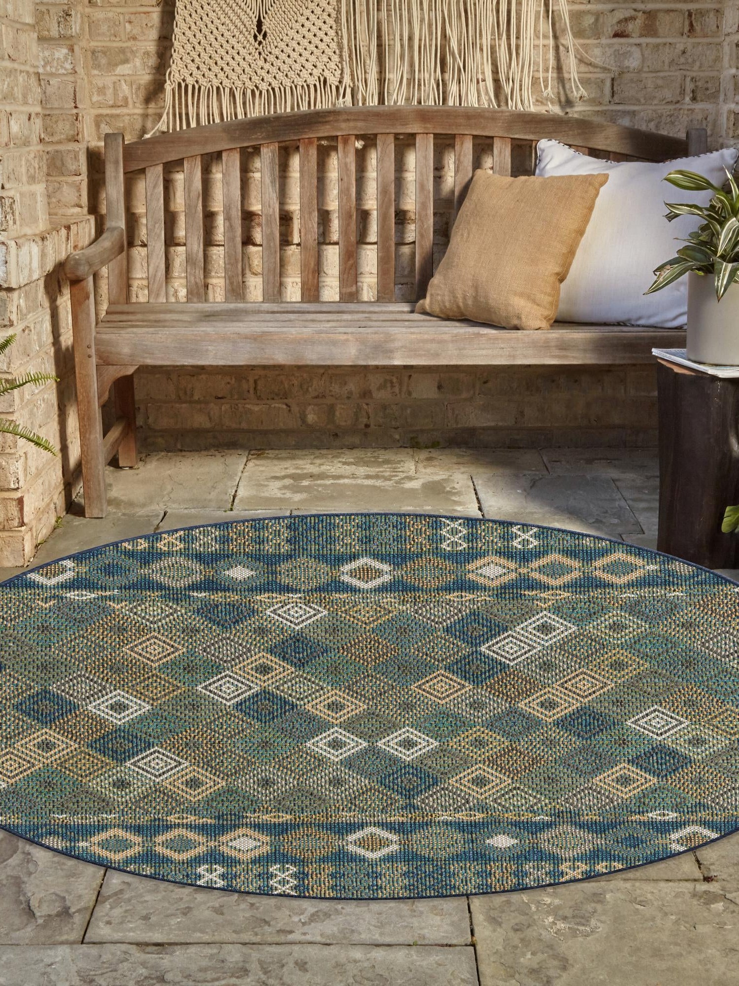 Navy Blue 5' 3 x 5' 3 Baja Outdoor Round Area Rug Weather Resistant for Patio, Deck, Terrace, Balcony, Porch 100% Polypropylene Modern Outside Decor for Sale at Rug Engine