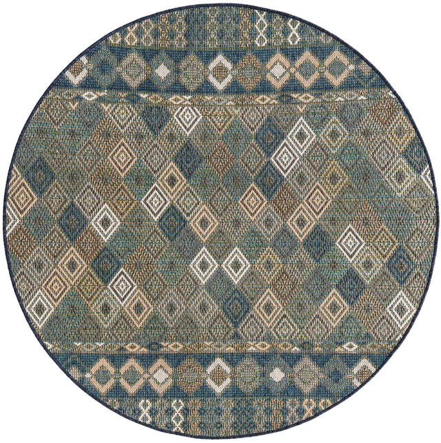 Navy Blue 5' 3 x 5' 3 Baja Outdoor Round Area Rug Weather Resistant for Patio, Deck, Terrace, Balcony, Porch 100% Polypropylene Modern Outside Decor for Sale at Rug Engine