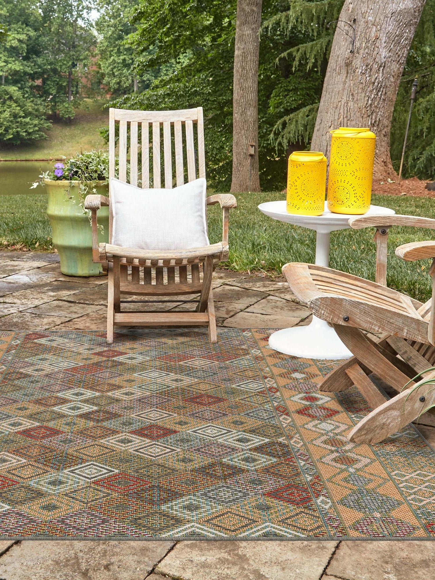 Multicolor 7' 10 x 7' 10 Baja Outdoor Square Area Rug Weather Resistant for Patio, Deck, Terrace, Balcony, Porch 100% Polypropylene Modern Outside Decor for Sale at Rug Engine