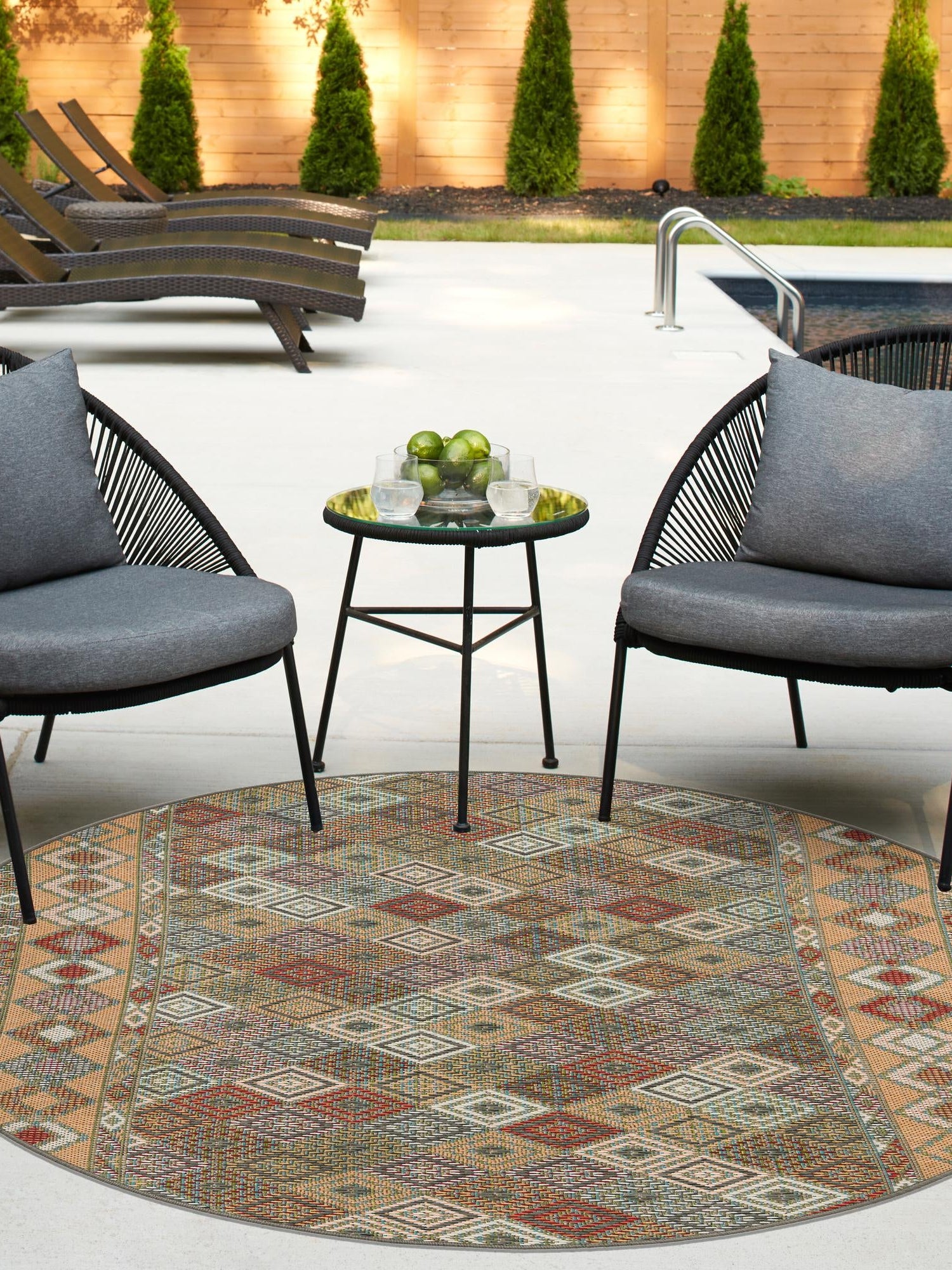 Multicolor 3' 3 x 3' 3 Baja Outdoor Round Area Rug Weather Resistant for Patio, Deck, Terrace, Balcony, Porch 100% Polypropylene Modern Outside Decor for Sale at Rug Engine