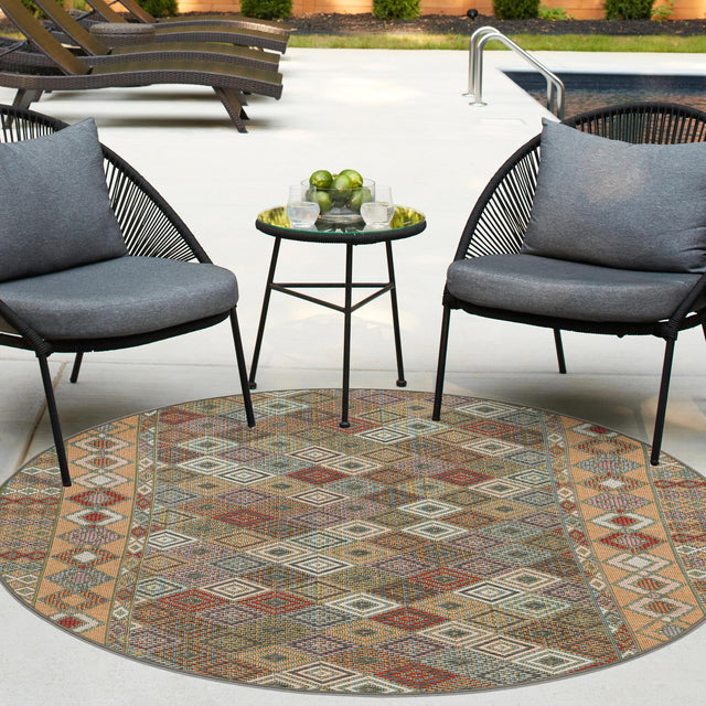 Multicolor 7' 10 x 7' 10 Baja Outdoor Round Area Rug Weather Resistant for Patio, Deck, Terrace, Balcony, Porch 100% Polypropylene Modern Outside Decor for Sale at Rug Engine