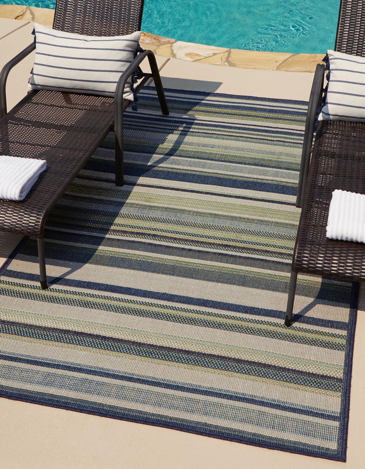 Blue 5' 3 x 7' 7 Baja Outdoor Rectangle Area Rug Weather Resistant for Patio, Deck, Terrace, Balcony, Porch 100% Polypropylene Modern Outside Decor for Sale at Rug Engine