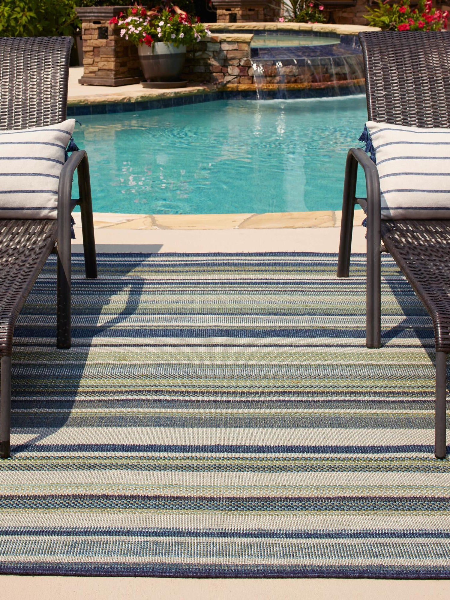 Blue 9' x 12' Baja Outdoor Rectangle Area Rug Weather Resistant for Patio, Deck, Terrace, Balcony, Porch 100% Polypropylene Modern Outside Decor for Sale at Rug Engine