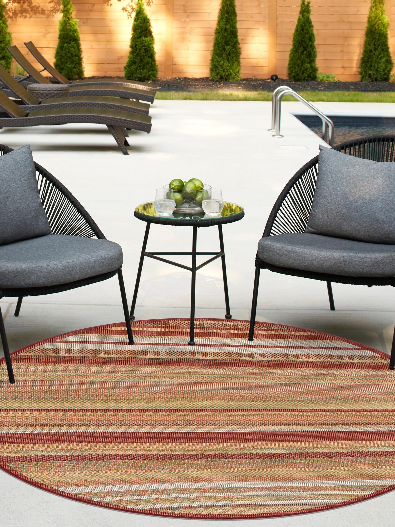 Burgundy 3' 3 x 3' 3 Baja Outdoor Round Area Rug Weather Resistant for Patio, Deck, Terrace, Balcony, Porch 100% Polypropylene Modern Outside Decor for Sale at Rug Engine