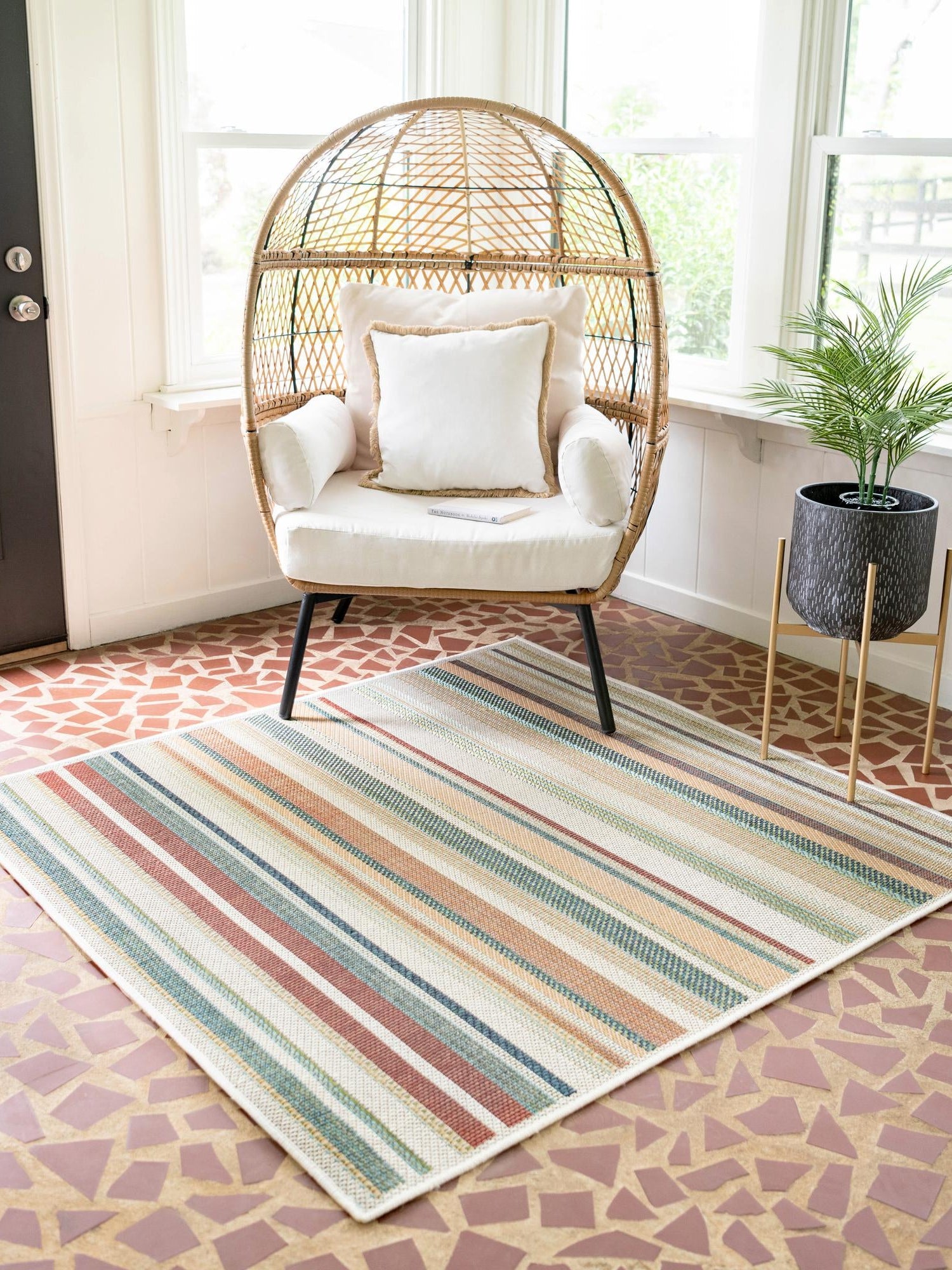Multicolor 7' 10 x 7' 10 Baja Outdoor Square Area Rug Weather Resistant for Patio, Deck, Terrace, Balcony, Porch 100% Polypropylene Modern Outside Decor for Sale at Rug Engine