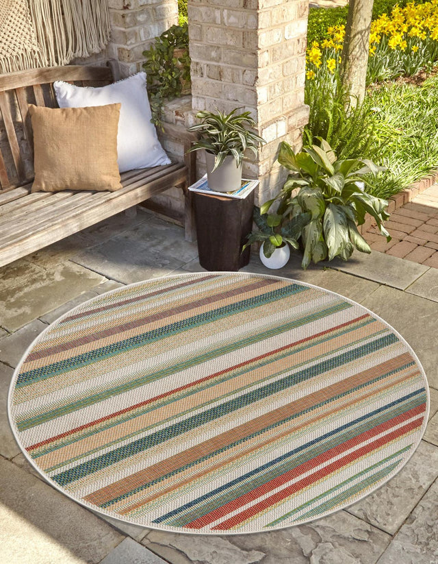 Multicolor 7' 10 x 7' 10 Baja Outdoor Round Area Rug Weather Resistant for Patio, Deck, Terrace, Balcony, Porch 100% Polypropylene Modern Outside Decor for Sale at Rug Engine