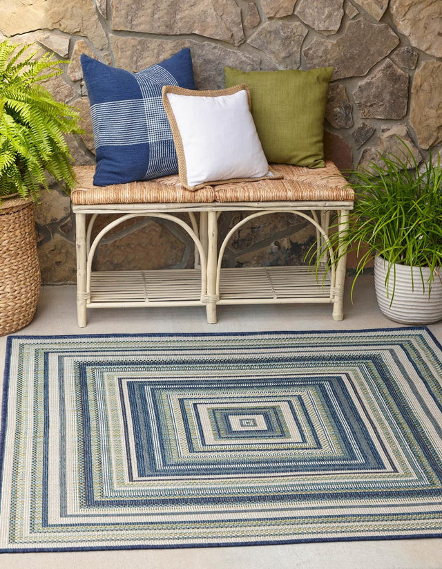 Blue 5' 3 x 5' 3 Baja Outdoor Square Area Rug Weather Resistant for Patio, Deck, Terrace, Balcony, Porch 100% Polypropylene Modern Outside Decor for Sale at Rug Engine
