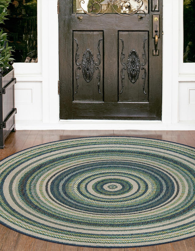 Blue 7' 10 x 7' 10 Baja Outdoor Round Area Rug Weather Resistant for Patio, Deck, Terrace, Balcony, Porch 100% Polypropylene Modern Outside Decor for Sale at Rug Engine