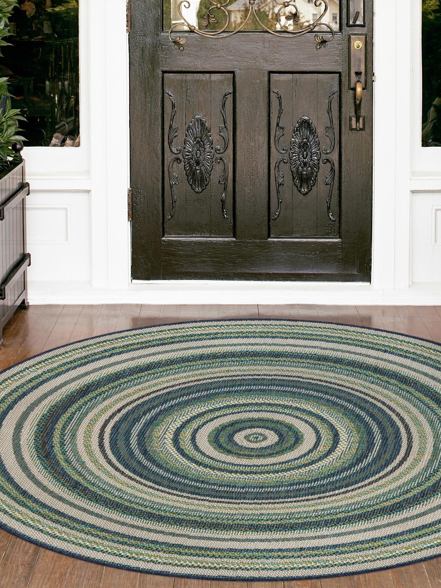 Blue 3' 3 x 3' 3 Baja Outdoor Round Area Rug Weather Resistant for Patio, Deck, Terrace, Balcony, Porch 100% Polypropylene Modern Outside Decor for Sale at Rug Engine