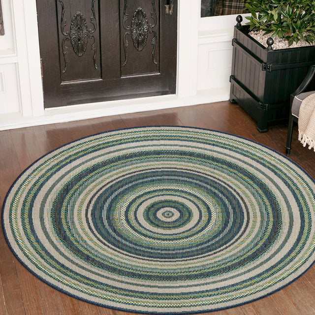 Blue 7' 10 x 7' 10 Baja Outdoor Round Area Rug Weather Resistant for Patio, Deck, Terrace, Balcony, Porch 100% Polypropylene Modern Outside Decor for Sale at Rug Engine
