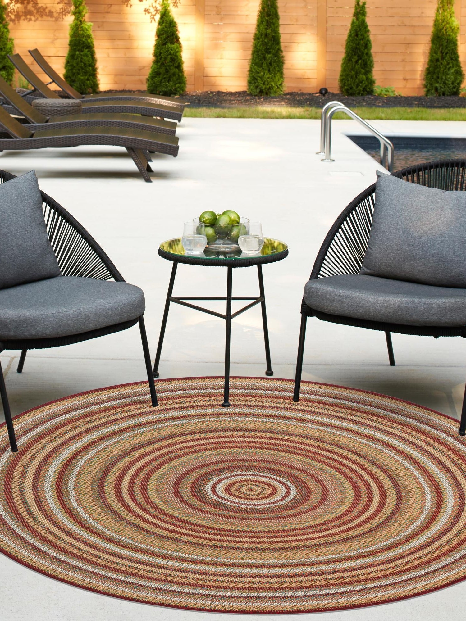 Burgundy 3' 3 x 3' 3 Baja Outdoor Round Area Rug Weather Resistant for Patio, Deck, Terrace, Balcony, Porch 100% Polypropylene Modern Outside Decor for Sale at Rug Engine