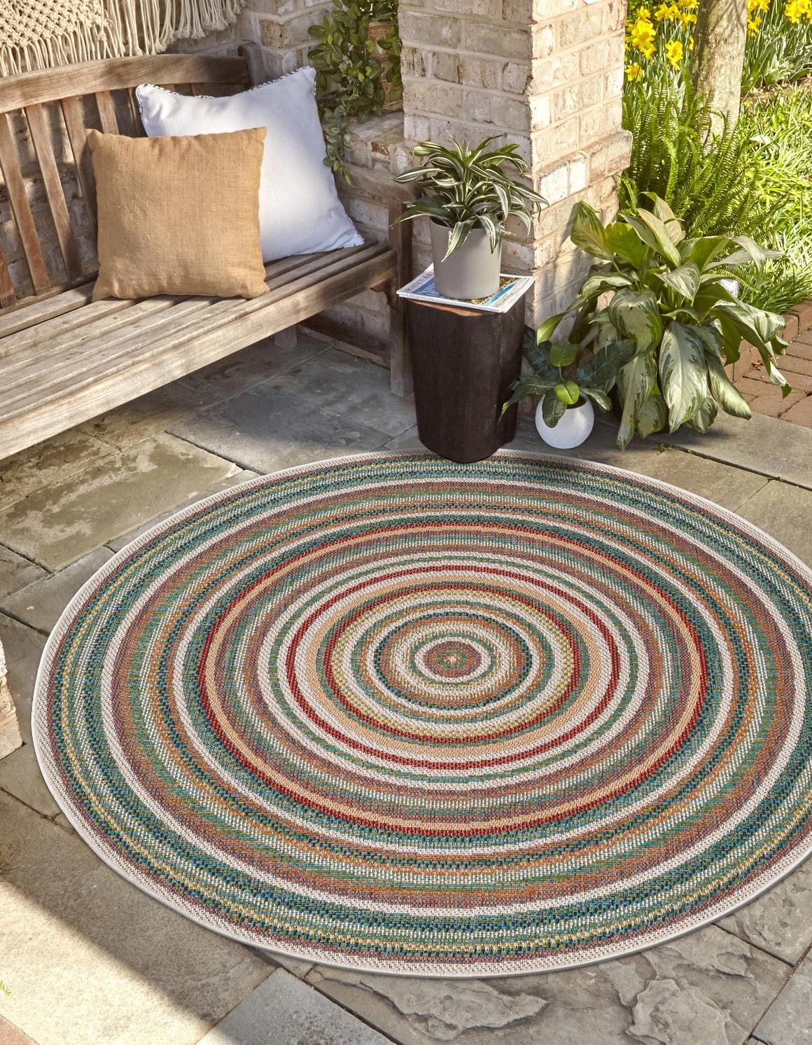 Multicolor 3' 3 x 3' 3 Baja Outdoor Round Area Rug Weather Resistant for Patio, Deck, Terrace, Balcony, Porch 100% Polypropylene Modern Outside Decor for Sale at Rug Engine