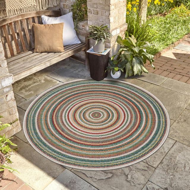 Multicolor 7' 10 x 7' 10 Baja Outdoor Round Area Rug Weather Resistant for Patio, Deck, Terrace, Balcony, Porch 100% Polypropylene Modern Outside Decor for Sale at Rug Engine