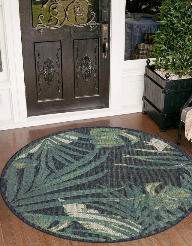 Navy Blue 3' 3 x 3' 3 Baja Outdoor Round Area Rug Weather Resistant for Patio, Deck, Terrace, Balcony, Porch 100% Polypropylene Modern Outside Decor for Sale at Rug Engine