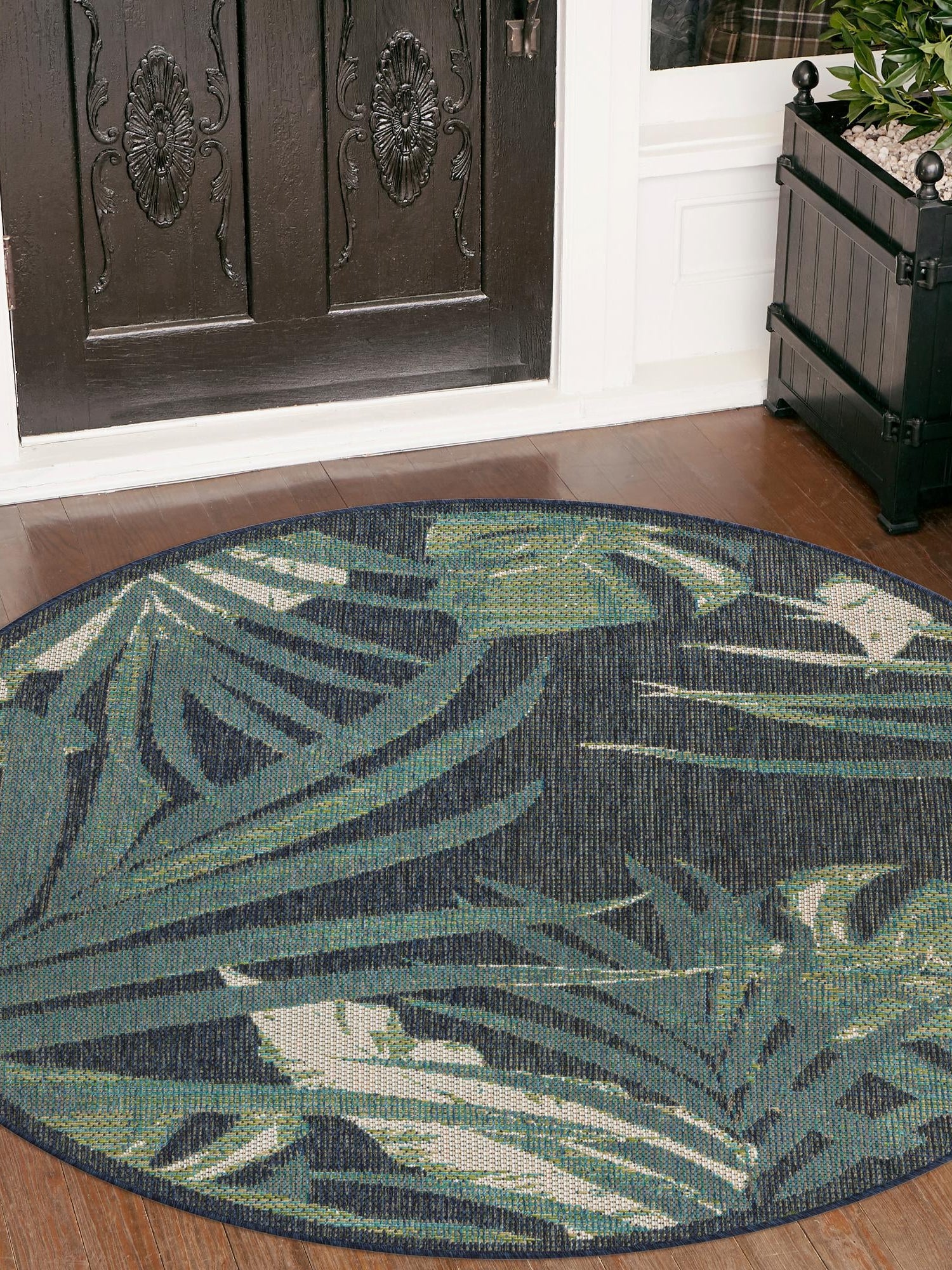 Navy Blue 3' 3 x 3' 3 Baja Outdoor Round Area Rug Weather Resistant for Patio, Deck, Terrace, Balcony, Porch 100% Polypropylene Modern Outside Decor for Sale at Rug Engine