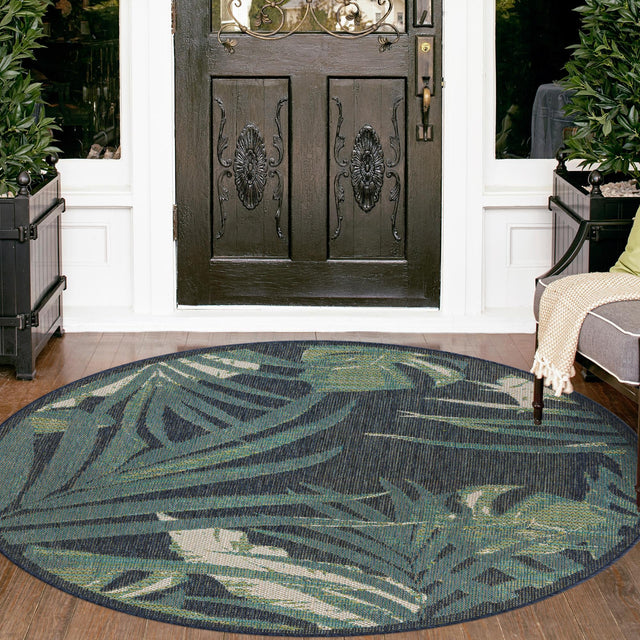 Navy Blue 5' 3 x 5' 3 Baja Outdoor Round Area Rug Weather Resistant for Patio, Deck, Terrace, Balcony, Porch 100% Polypropylene Modern Outside Decor for Sale at Rug Engine
