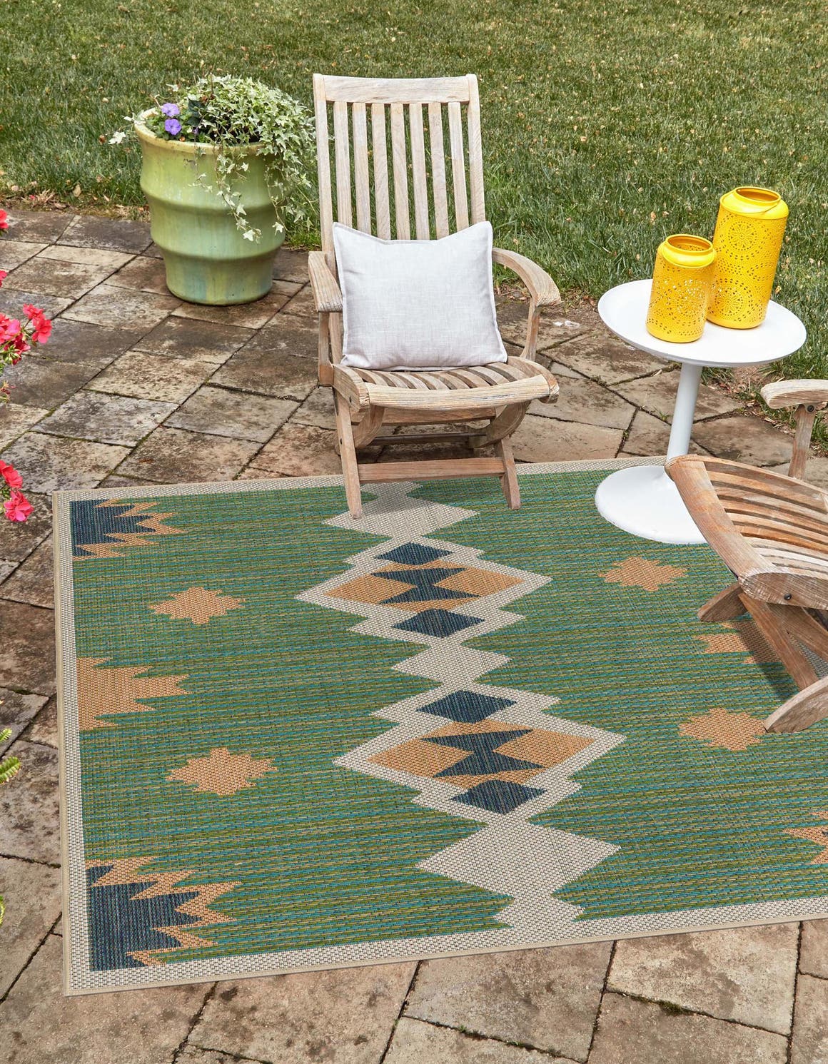Green 12' x 12' Baja Outdoor Square Area Rug Weather Resistant for Patio, Deck, Terrace, Balcony, Porch 100% Polypropylene Modern Outside Decor for Sale at Rug Engine