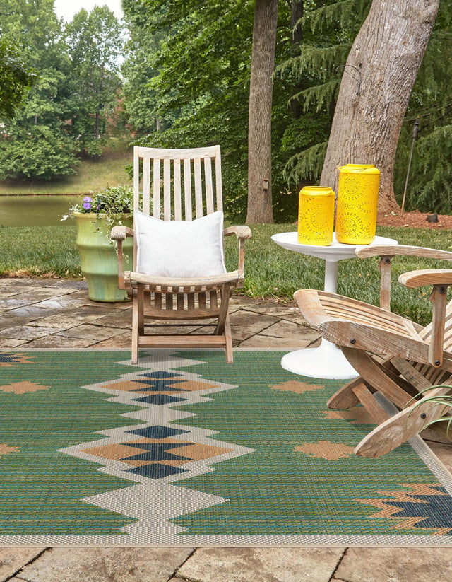 Green 5' 3 x 5' 3 Baja Outdoor Square Area Rug Weather Resistant for Patio, Deck, Terrace, Balcony, Porch 100% Polypropylene Modern Outside Decor for Sale at Rug Engine