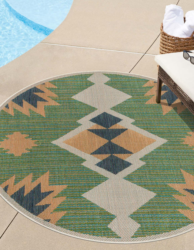 Green 3' 3 x 3' 3 Baja Outdoor Round Area Rug Weather Resistant for Patio, Deck, Terrace, Balcony, Porch 100% Polypropylene Modern Outside Decor for Sale at Rug Engine
