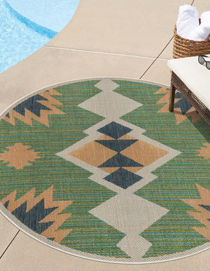 Green 5' 3 x 5' 3 Baja Outdoor Round Area Rug Weather Resistant for Patio, Deck, Terrace, Balcony, Porch 100% Polypropylene Modern Outside Decor for Sale at Rug Engine
