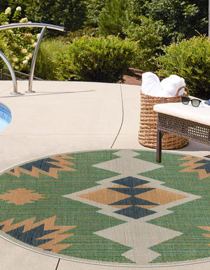 Green 5' 3 x 5' 3 Baja Outdoor Round Area Rug Weather Resistant for Patio, Deck, Terrace, Balcony, Porch 100% Polypropylene Modern Outside Decor for Sale at Rug Engine