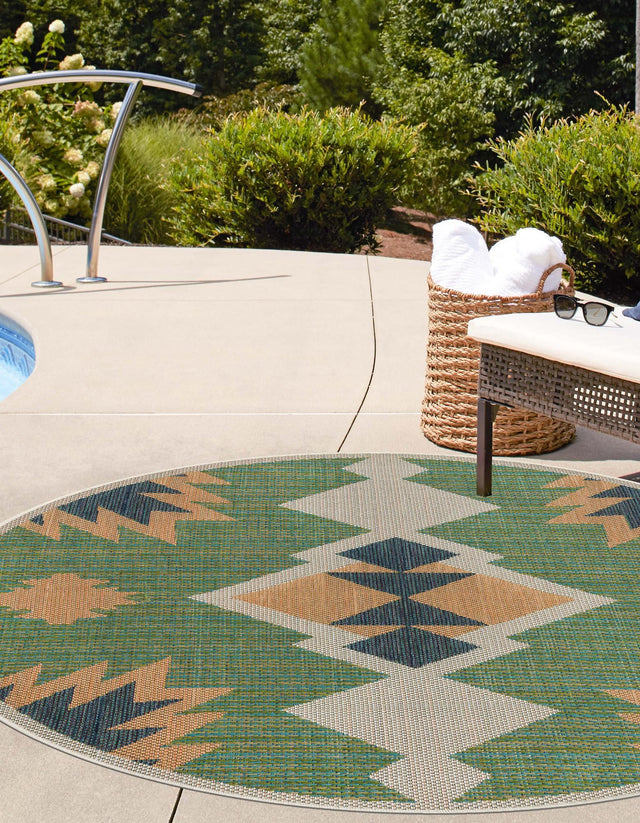 Green 5' 3 x 5' 3 Baja Outdoor Round Area Rug Weather Resistant for Patio, Deck, Terrace, Balcony, Porch 100% Polypropylene Modern Outside Decor for Sale at Rug Engine