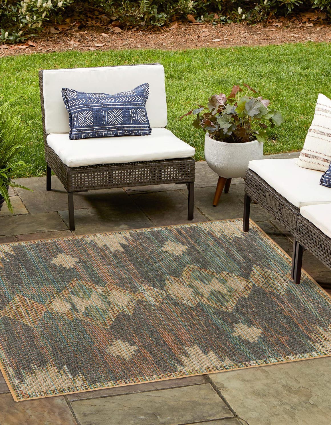 Multicolor 5' 3 x 5' 3 Baja Outdoor Square Area Rug Weather Resistant for Patio, Deck, Terrace, Balcony, Porch 100% Polypropylene Modern Outside Decor for Sale at Rug Engine