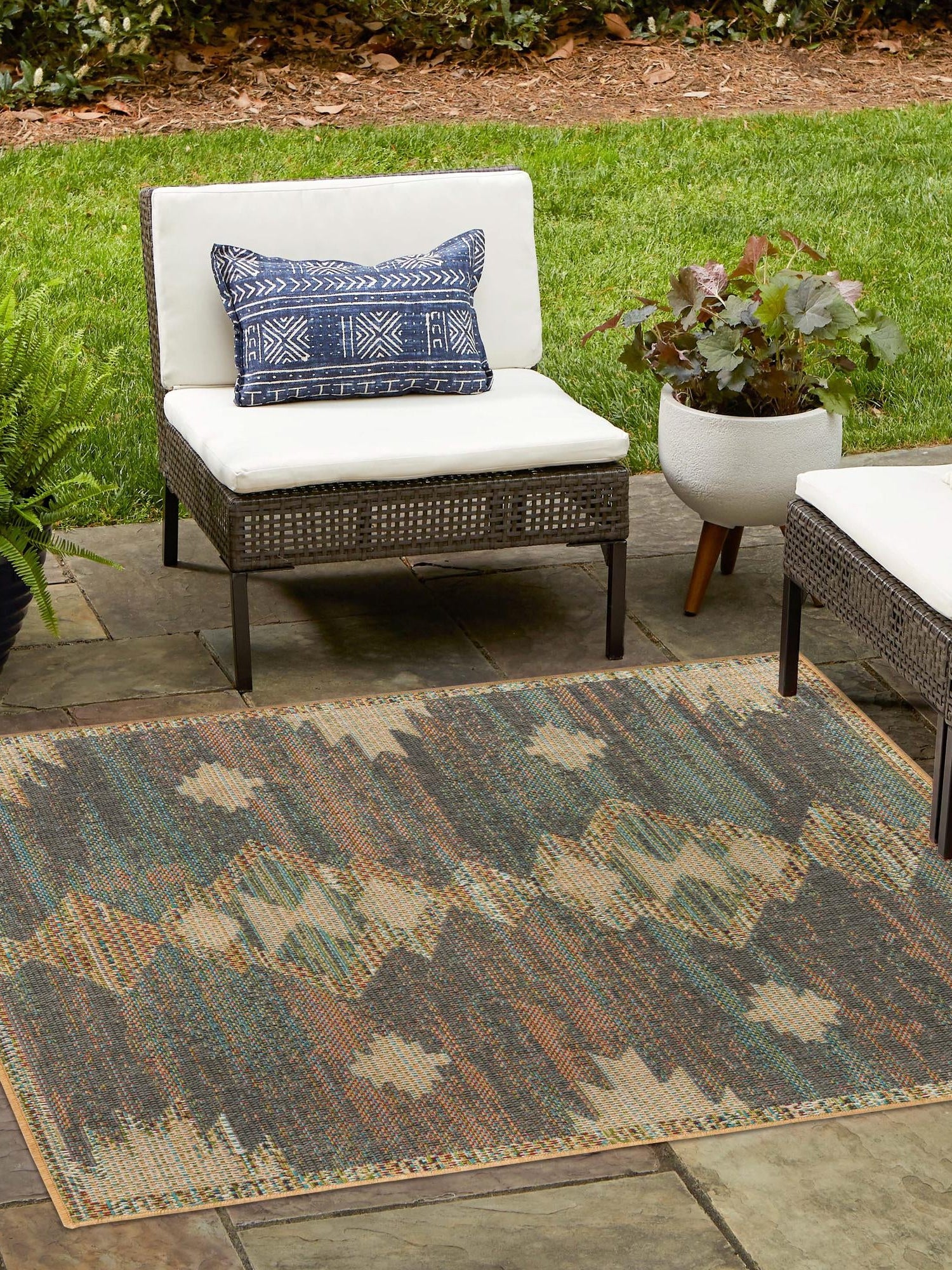 Multicolor 7' 10 x 7' 10 Baja Outdoor Square Area Rug Weather Resistant for Patio, Deck, Terrace, Balcony, Porch 100% Polypropylene Modern Outside Decor for Sale at Rug Engine