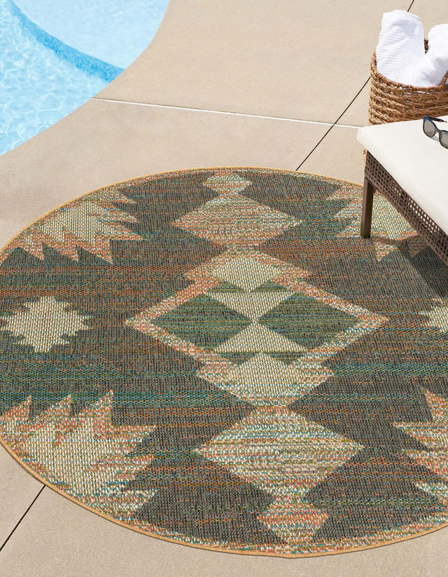 Multicolor 3' 3 x 3' 3 Baja Outdoor Round Area Rug Weather Resistant for Patio, Deck, Terrace, Balcony, Porch 100% Polypropylene Modern Outside Decor for Sale at Rug Engine