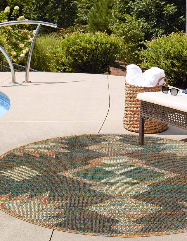 Multicolor 5' 3 x 5' 3 Baja Outdoor Round Area Rug Weather Resistant for Patio, Deck, Terrace, Balcony, Porch 100% Polypropylene Modern Outside Decor for Sale at Rug Engine