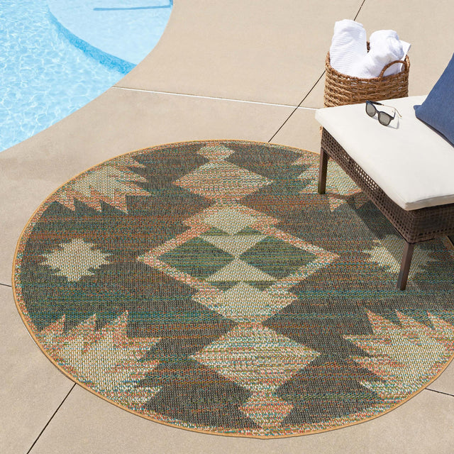Multicolor 5' 3 x 5' 3 Baja Outdoor Round Area Rug Weather Resistant for Patio, Deck, Terrace, Balcony, Porch 100% Polypropylene Modern Outside Decor for Sale at Rug Engine