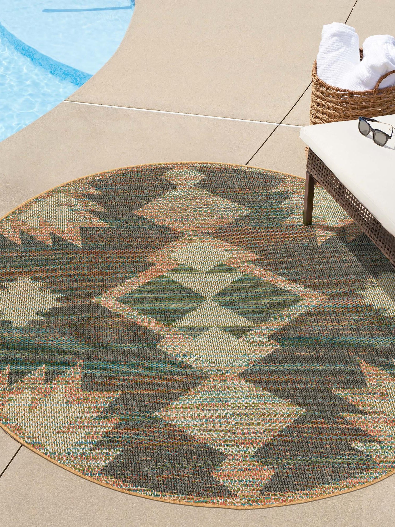 Multicolor 3' 3 x 3' 3 Baja Outdoor Round Area Rug Weather Resistant for Patio, Deck, Terrace, Balcony, Porch 100% Polypropylene Modern Outside Decor for Sale at Rug Engine