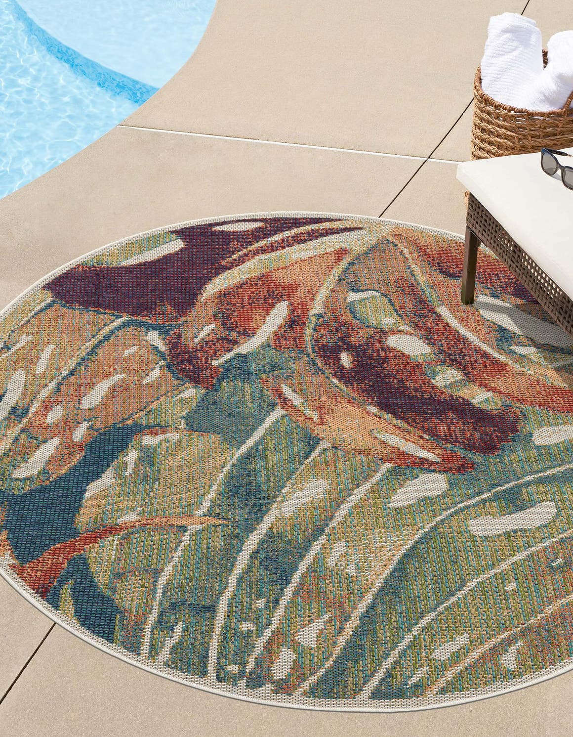 Multicolor 7' 10 x 7' 10 Baja Outdoor Round Area Rug Weather Resistant for Patio, Deck, Terrace, Balcony, Porch 100% Polypropylene Modern Outside Decor for Sale at Rug Engine
