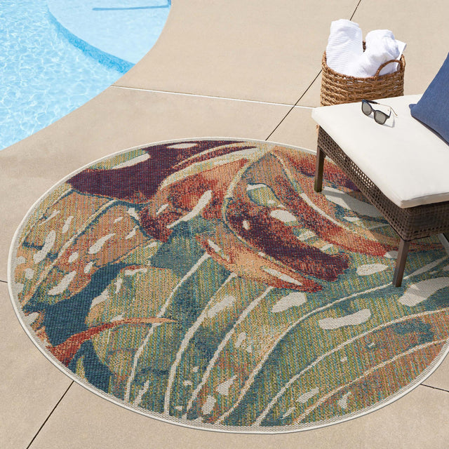 Multicolor 7' 10 x 7' 10 Baja Outdoor Round Area Rug Weather Resistant for Patio, Deck, Terrace, Balcony, Porch 100% Polypropylene Modern Outside Decor for Sale at Rug Engine