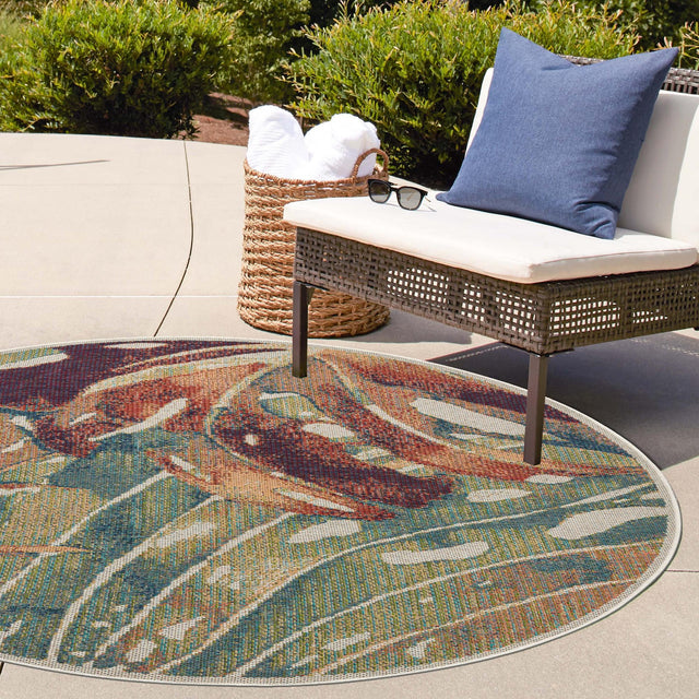 Multicolor 7' 10 x 7' 10 Baja Outdoor Round Area Rug Weather Resistant for Patio, Deck, Terrace, Balcony, Porch 100% Polypropylene Modern Outside Decor for Sale at Rug Engine