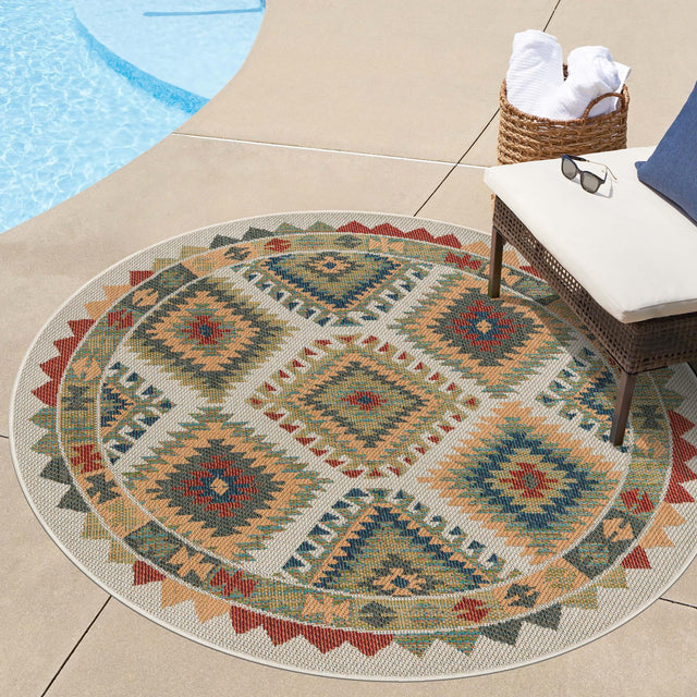 Ivory 5' 3 x 5' 3 Baja Outdoor Round Area Rug Weather Resistant for Patio, Deck, Terrace, Balcony, Porch 100% Polypropylene Modern Outside Decor for Sale at Rug Engine