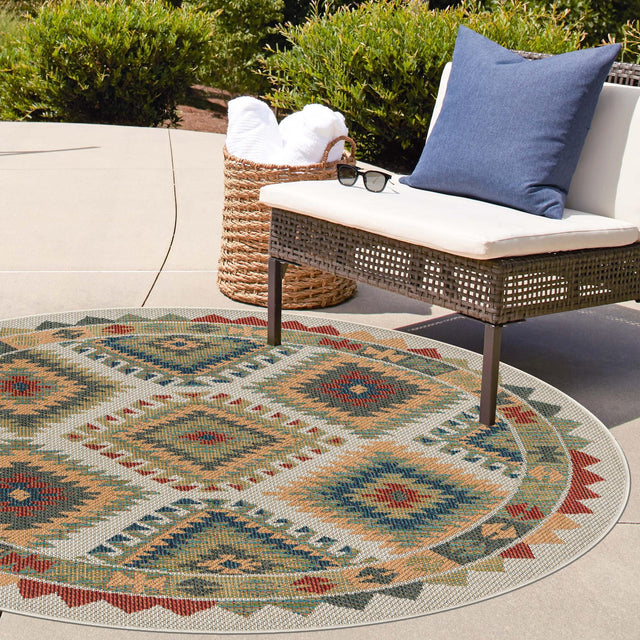 Ivory 5' 3 x 5' 3 Baja Outdoor Round Area Rug Weather Resistant for Patio, Deck, Terrace, Balcony, Porch 100% Polypropylene Modern Outside Decor for Sale at Rug Engine