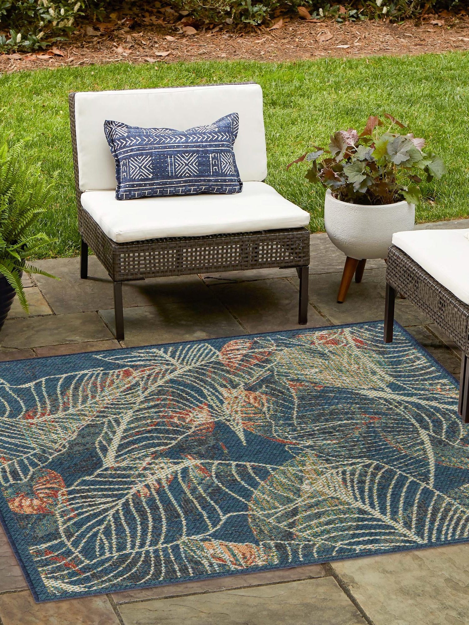 Blue 7' 10 x 7' 10 Baja Outdoor Square Area Rug Weather Resistant for Patio, Deck, Terrace, Balcony, Porch 100% Polypropylene Modern Outside Decor for Sale at Rug Engine