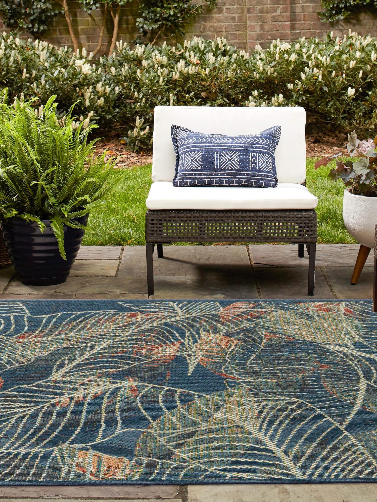 Blue 7' 10 x 7' 10 Baja Outdoor Square Area Rug Weather Resistant for Patio, Deck, Terrace, Balcony, Porch 100% Polypropylene Modern Outside Decor for Sale at Rug Engine