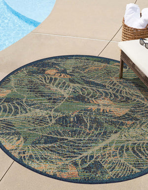 Blue 5' 3 x 5' 3 Baja Outdoor Round Area Rug Weather Resistant for Patio, Deck, Terrace, Balcony, Porch 100% Polypropylene Modern Outside Decor for Sale at Rug Engine