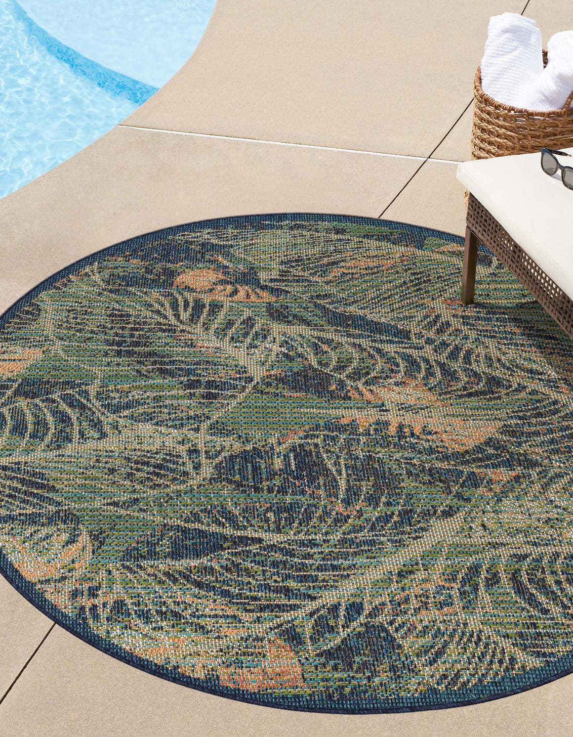 Blue 3' 3 x 3' 3 Baja Outdoor Round Area Rug Weather Resistant for Patio, Deck, Terrace, Balcony, Porch 100% Polypropylene Modern Outside Decor for Sale at Rug Engine