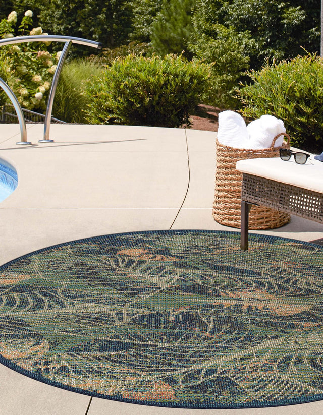 Blue 5' 3 x 5' 3 Baja Outdoor Round Area Rug Weather Resistant for Patio, Deck, Terrace, Balcony, Porch 100% Polypropylene Modern Outside Decor for Sale at Rug Engine