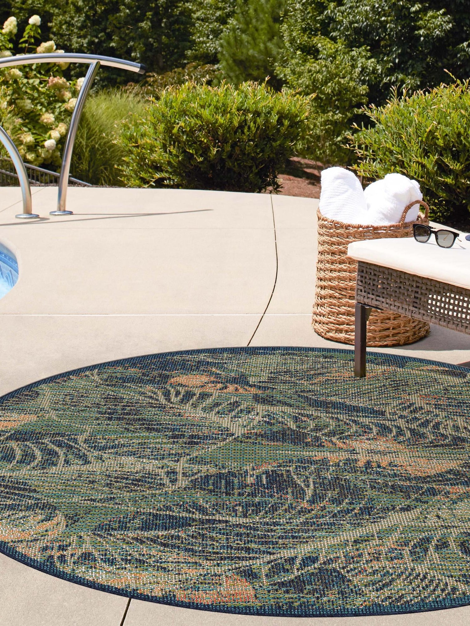 Blue 3' 3 x 3' 3 Baja Outdoor Round Area Rug Weather Resistant for Patio, Deck, Terrace, Balcony, Porch 100% Polypropylene Modern Outside Decor for Sale at Rug Engine